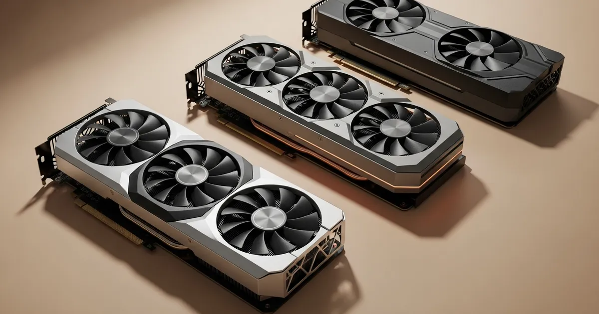 Trois cartes graphiques PC haut de gamme posées sur un fond clair — comparatif My Tech Side 2026