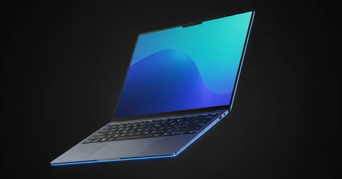 Ordinateur portable moderne ouvert, éclairage néon bleu — guide d’achat My Tech Side 2026